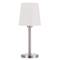 Biela stolová lampa s kovovým podstavcom a jednoduchým, moderným dizajnom. Ideálna do obývacej izby alebo spálne.