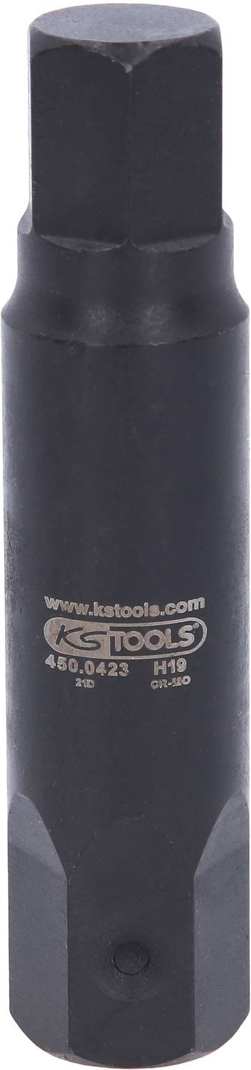 Čierny nástrčný kľúč značky 'KS Tools', veľkosť H19, vhodný pre použitie pri údržbe vozidiel.