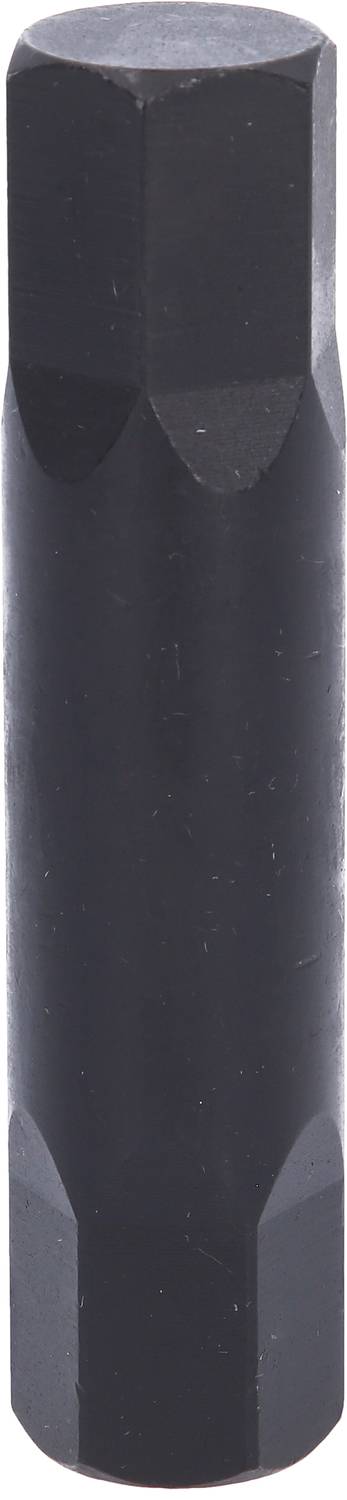 Šesťhranný čierny oceľový čap, ktorý slúži ako strojová súčiastka alebo upevňovací prvok.