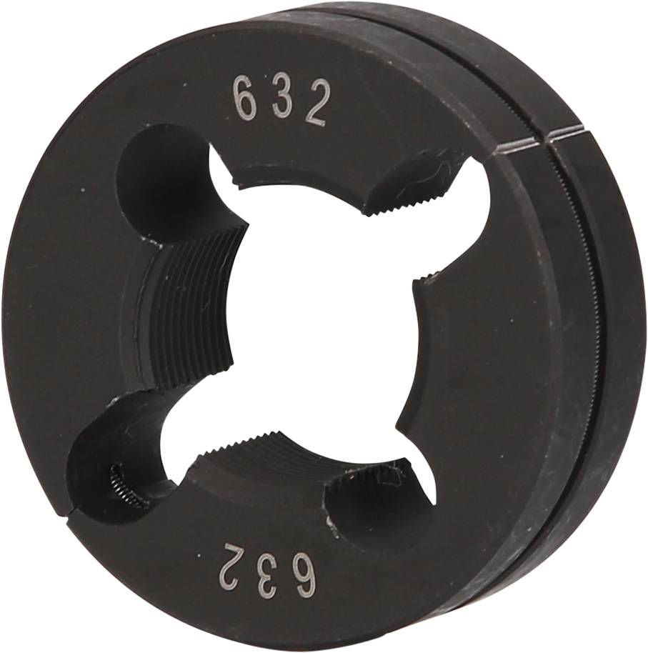 Guľatý závitník, čierna kovová farba, so štyrmi výrezmi a vyrytým číslom 632.