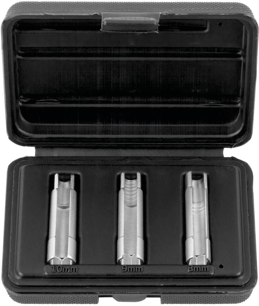 Otvorený plastový kufrík s tromi striebornými nástrojmi rôznych veľkostí v zodpovedajúcich výrezoch, označený rozmermi '10mm', '9mm' a '8mm'.