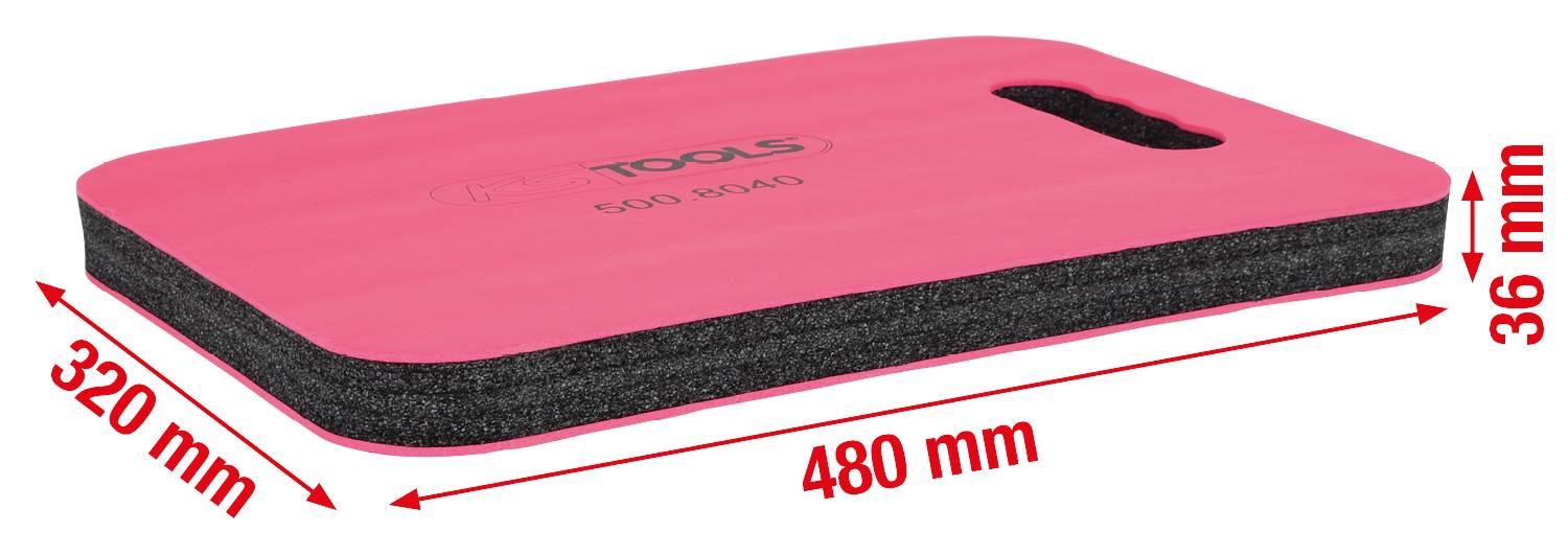 Obdĺžniková, ružová podložka na kolená s rukoväťou, 480 mm dlhá, 320 mm široká, 36 mm hrubá. Ideálna pre prácu na tvrdom povrchu.