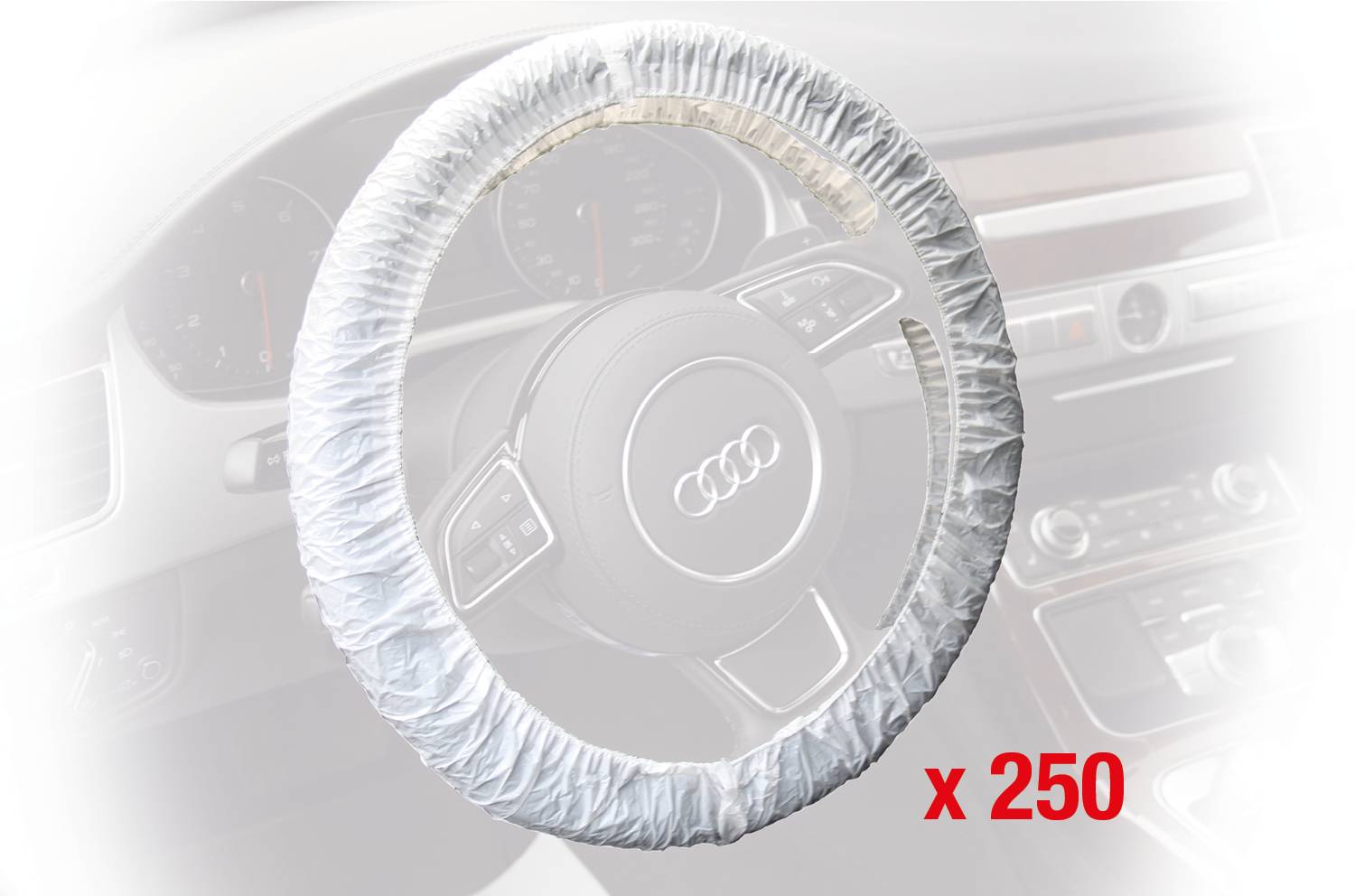 Volant obalený ochrannou fóliou, v pozadí viditeľný interiér automobilu. Dole vpravo je napísané 'x 250'.