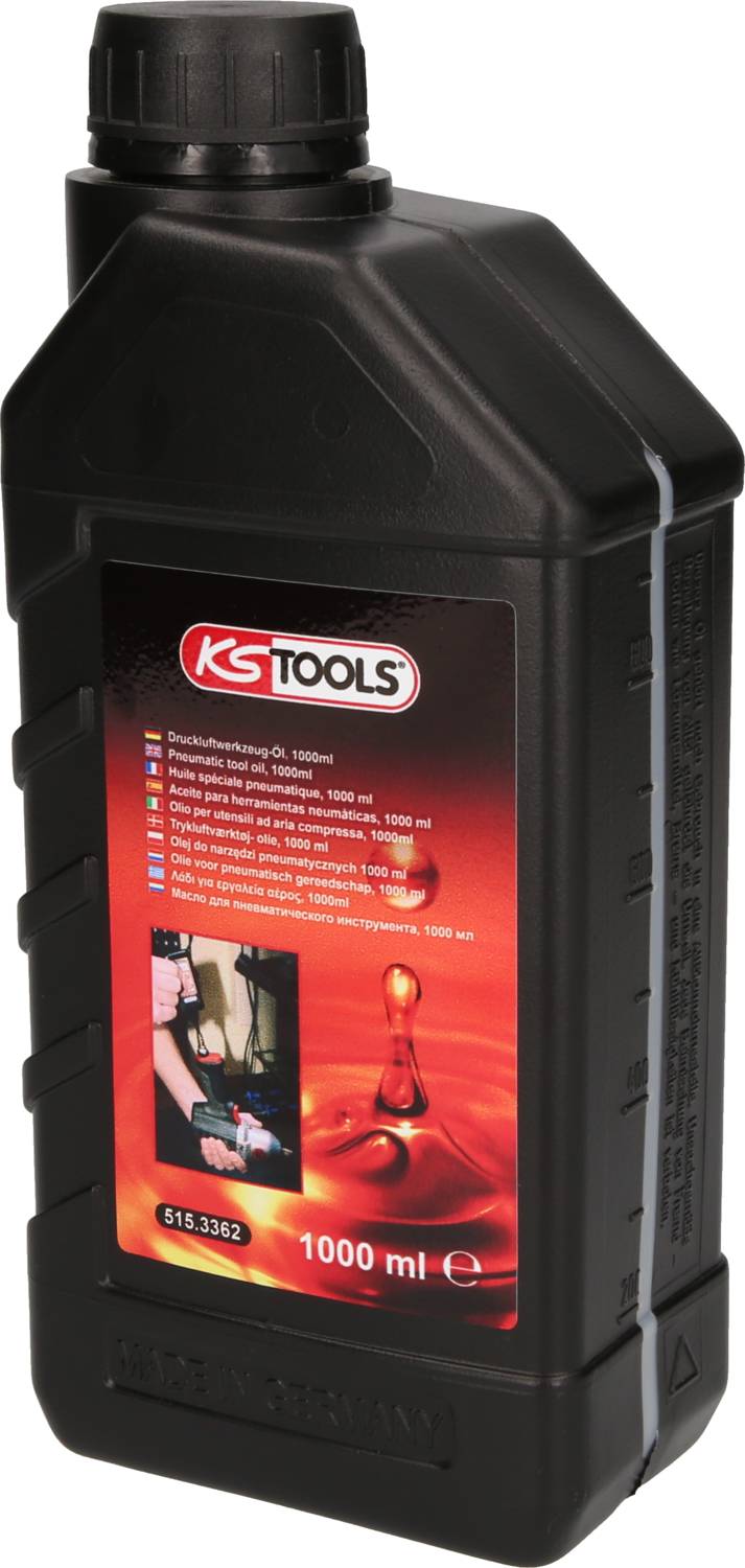 Čierna plastová fľaša s červenou etiketou 'KS Tools', 1000 ml oleja, s obrázkami použitia.