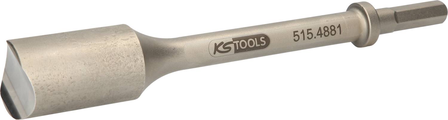 Strieborné úderné kladivo s šesťhrannou rukoväťou a valcovitou hlavou, po boku označené nápisom 'KS TOOLS 515.4881'.