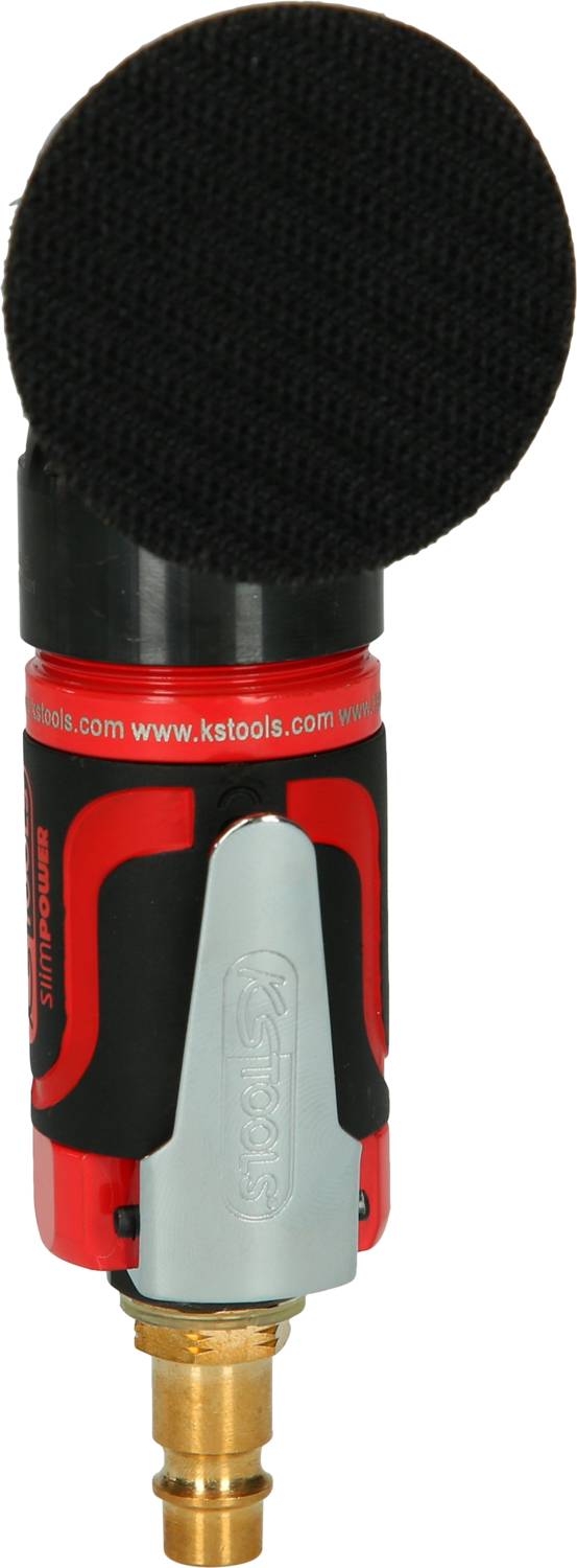 Červeno-čierne pneumatické náradie s okrúhlym brúsnym nástavcom, rozpoznateľné podľa loga kstools.com.