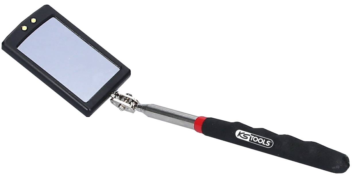 Teleskopický zrkadlový nástroj s čiernou rukoväťou, vhodný na kontrolu ťažko dostupných miest. Rukoväť je označená nápisom 'KS TOOLS'.
