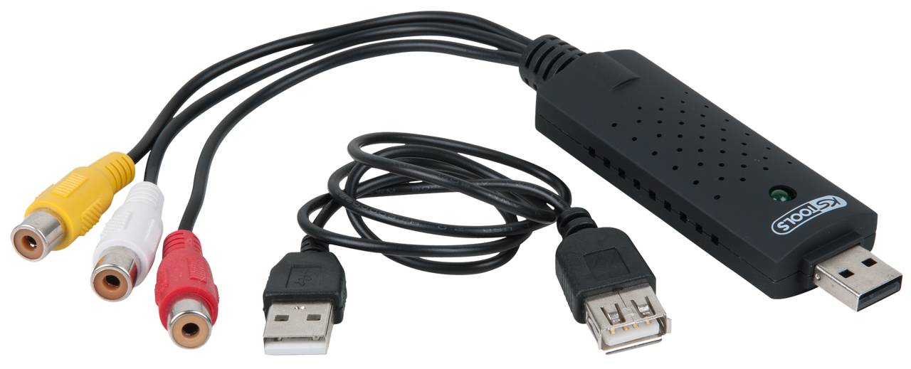 USB zachytávacia karta so žltým, bielym a červeným AV vstupom a USB portmi, určená na digitalizáciu analógových videosignálov do počítačov.