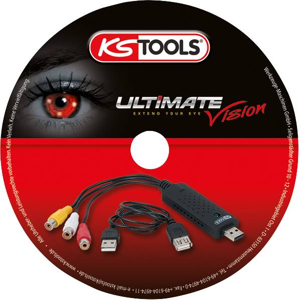 'KS Tools Ultimate Vision' Produktová ilustrácia. Okrúhla etiketa s obrázkom oka hore a USB video adaptérom s káblovými konektormi dole.
