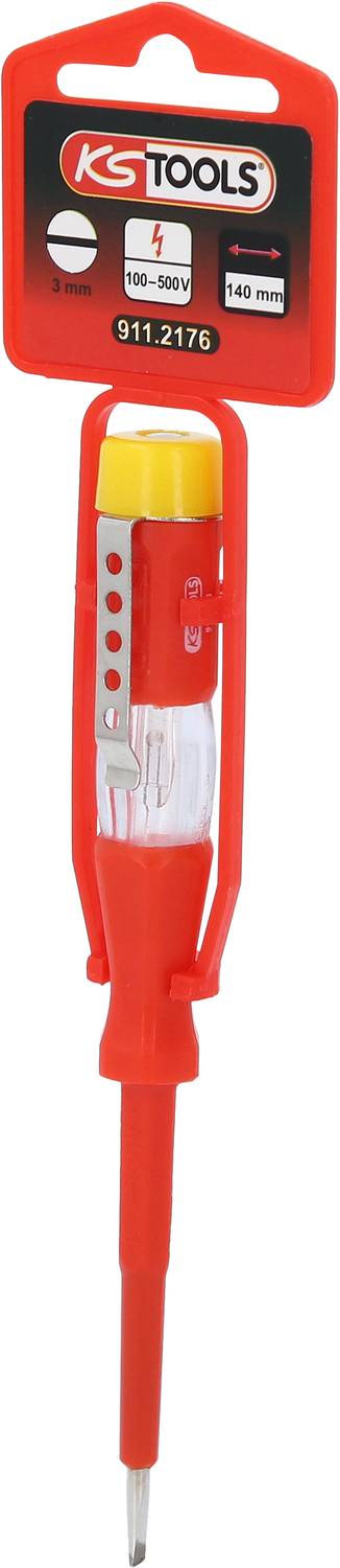 Tester napätia od KS Tools, dlhý 140 mm, pre napätie 100-250V. Hlavná časť je červená s žltým tlačidlom a kovovým klipom.