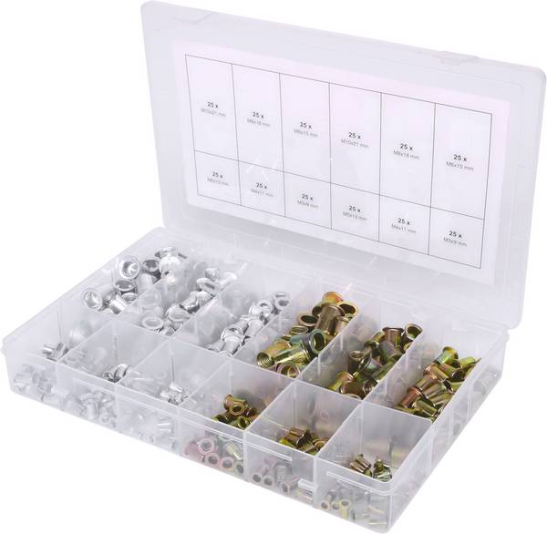 Sortiment závitových nitov, oceľ a hliník, M3x9mm-M10x21mm, 300 ks KS Tools 970.0630