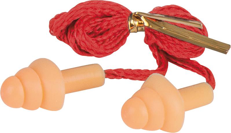 Špunty do uší z mäkkého materiálu, prepojené červenou šnúrkou so zlatými koncami, určené na zníženie hluku.