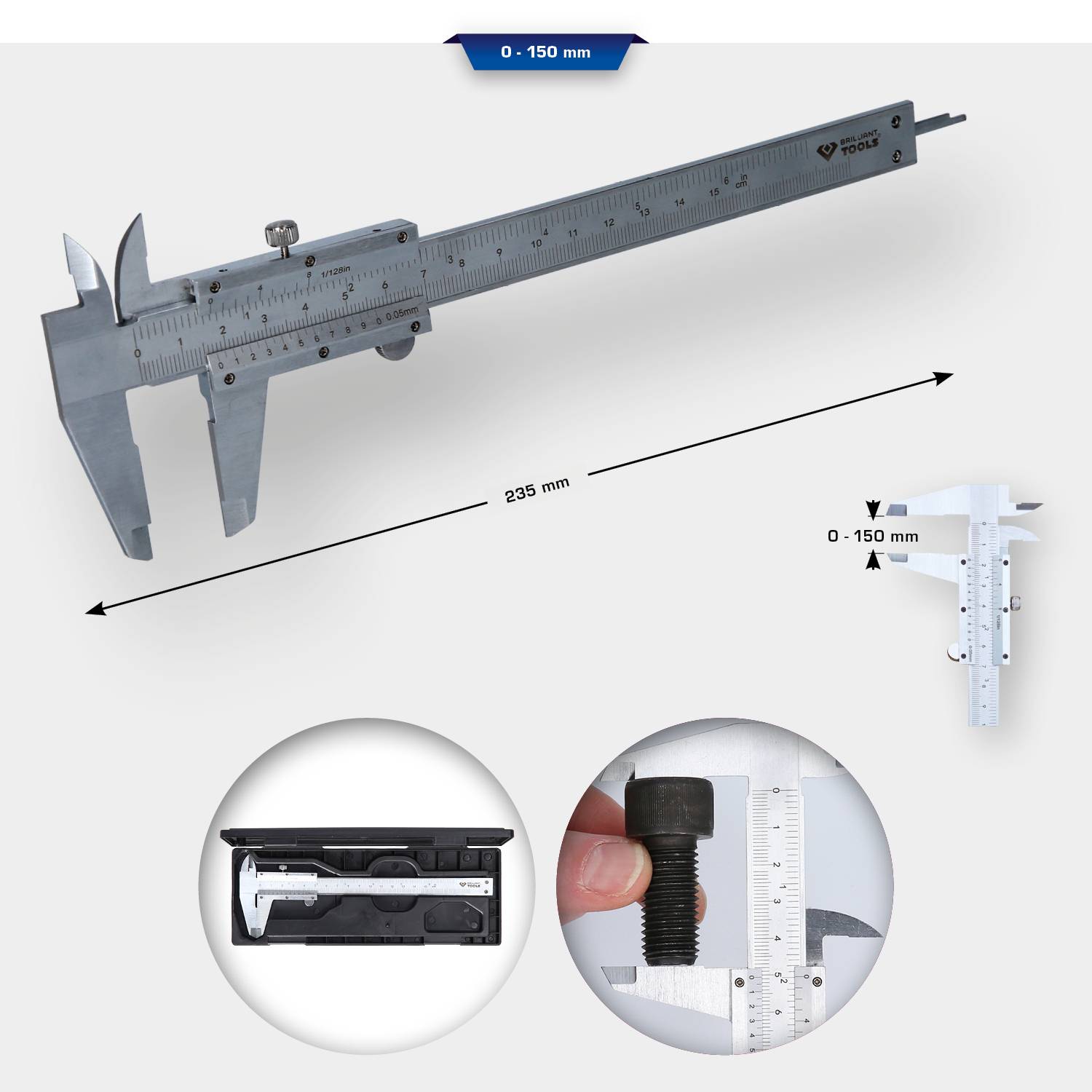 Digitálne posuvné meradlo v pohľade zobrazuje rozmery od 0 do 150 mm. Detailné obrázky ilustrujú presné meranie čapu.