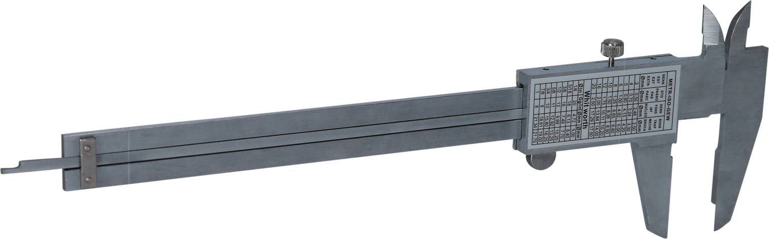 Sivé posuvné meradlo s noniónom na presné meranie dĺžky. Vhodné pre technické aplikácie a remeselné práce.