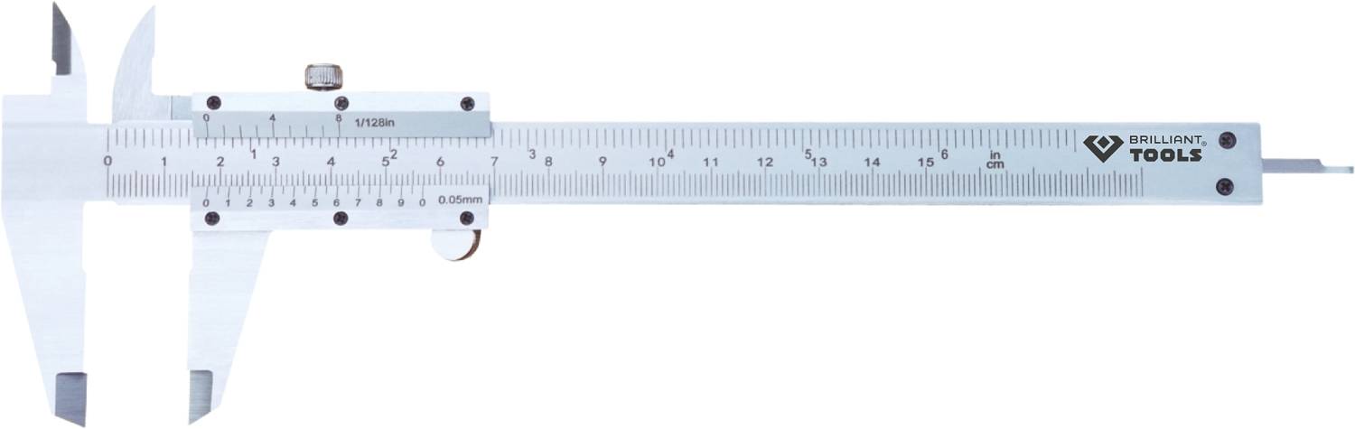 Digitálne posuvné meradlo so stupnicou, používané na presné meranie objektov v milimetroch, značka 'BRILLIANT TOOLS'.