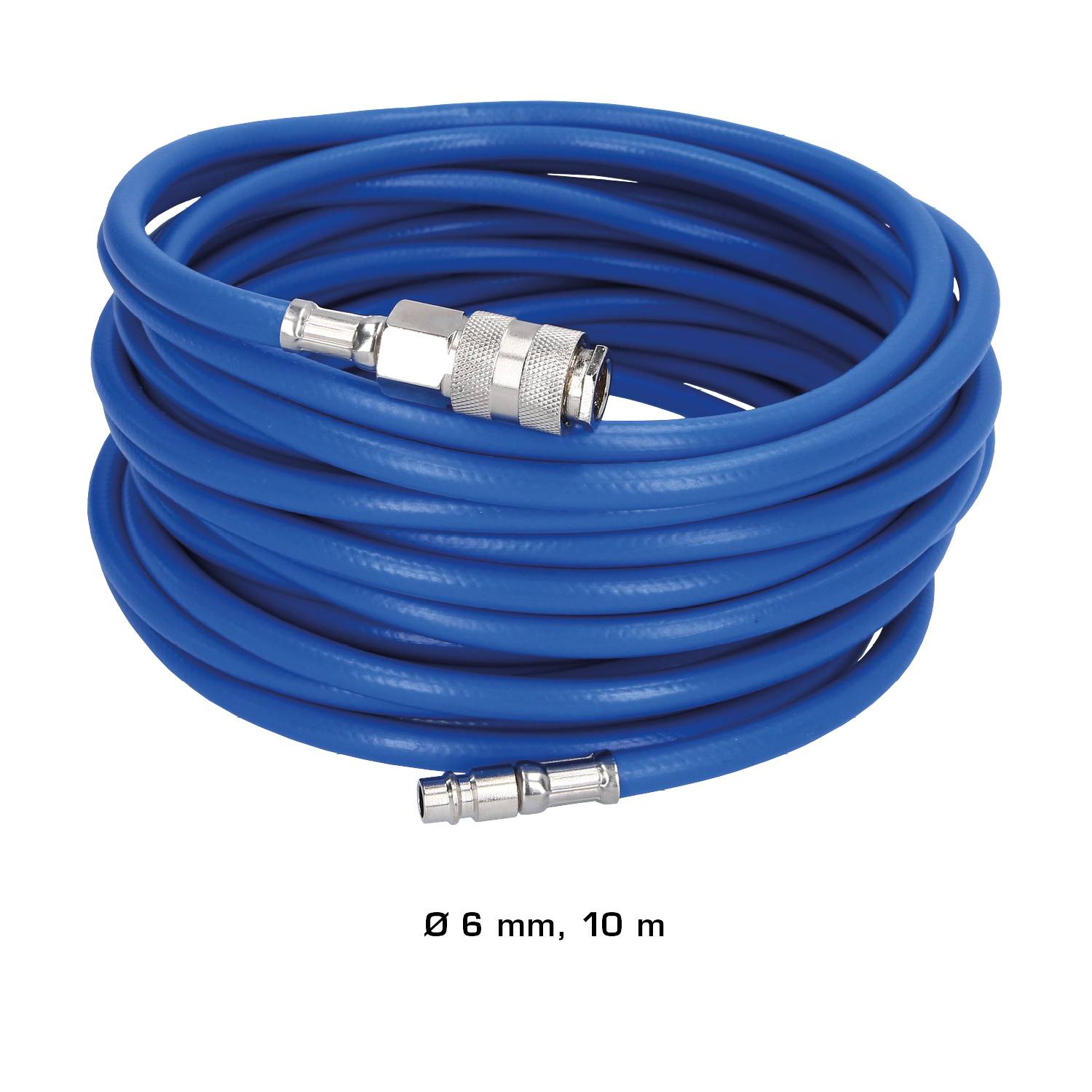 Modrá špirálová hadica s prípojkami, priemer 6 mm, dĺžka 10 m, zvinutá.