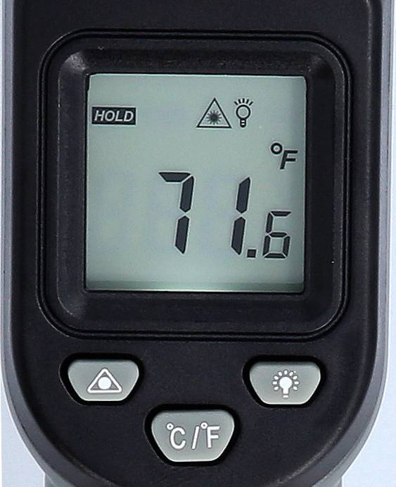 Digitálny teplomer ukazuje '71.6°F' na LCD displeji. Vľavo hore je napísané 'HOLD', spolu so symbolmi pre laser a podsvietenie.