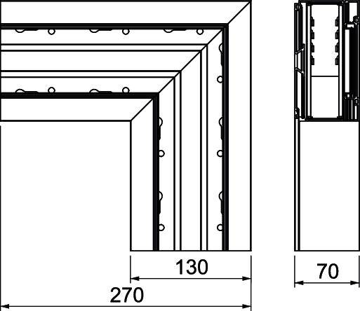 Technický výkres rohového profilu s rozmermi: šírka 270 mm, výška 130 mm, hĺbka 70 mm. Detailný pohľad profilu z boku.
