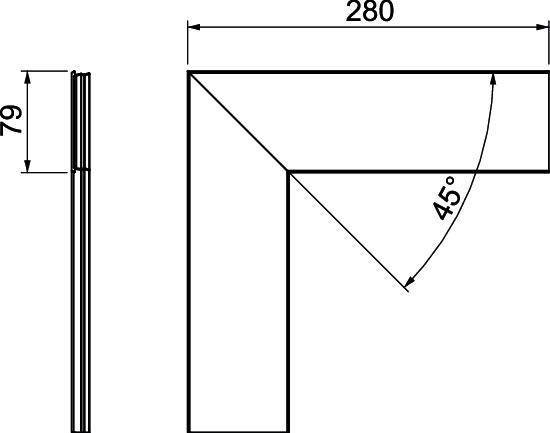 Technický výkres uhla: Pravouhlý rám, široký 280 mm, vysoký 79 mm, s 45-stupňovým uhlom v rohu.