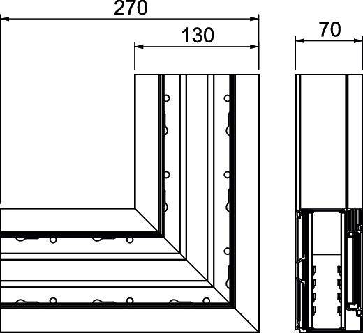 'Technický výkres okenného rámu s rozmermi: 270, 130 a 70 mm. Zobrazuje priečny a pozdĺžny rez rámu.'