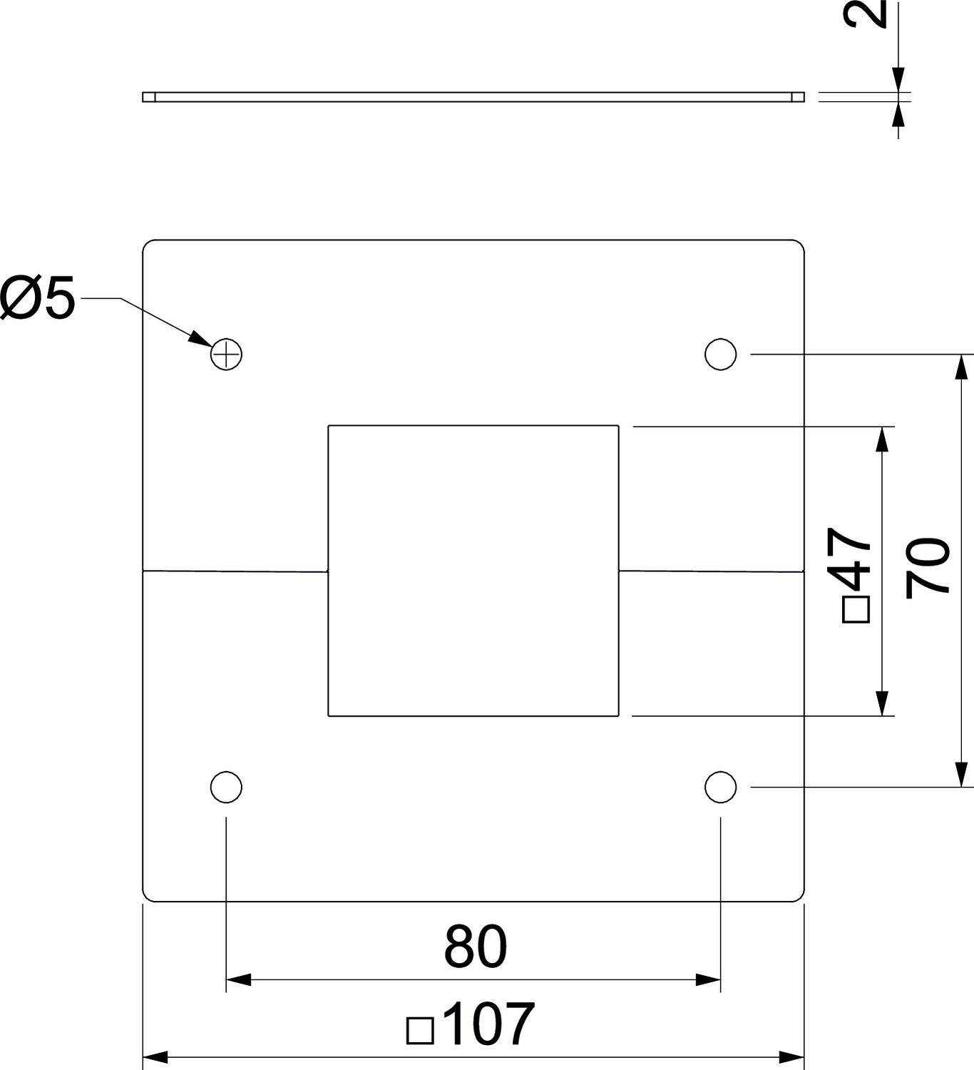 Technický výkres obdĺžnikového kovového plechu s viacerými otvormi a rozmermi: šírka 80 mm, výška 107 mm, štvorcový otvor 70 mm.