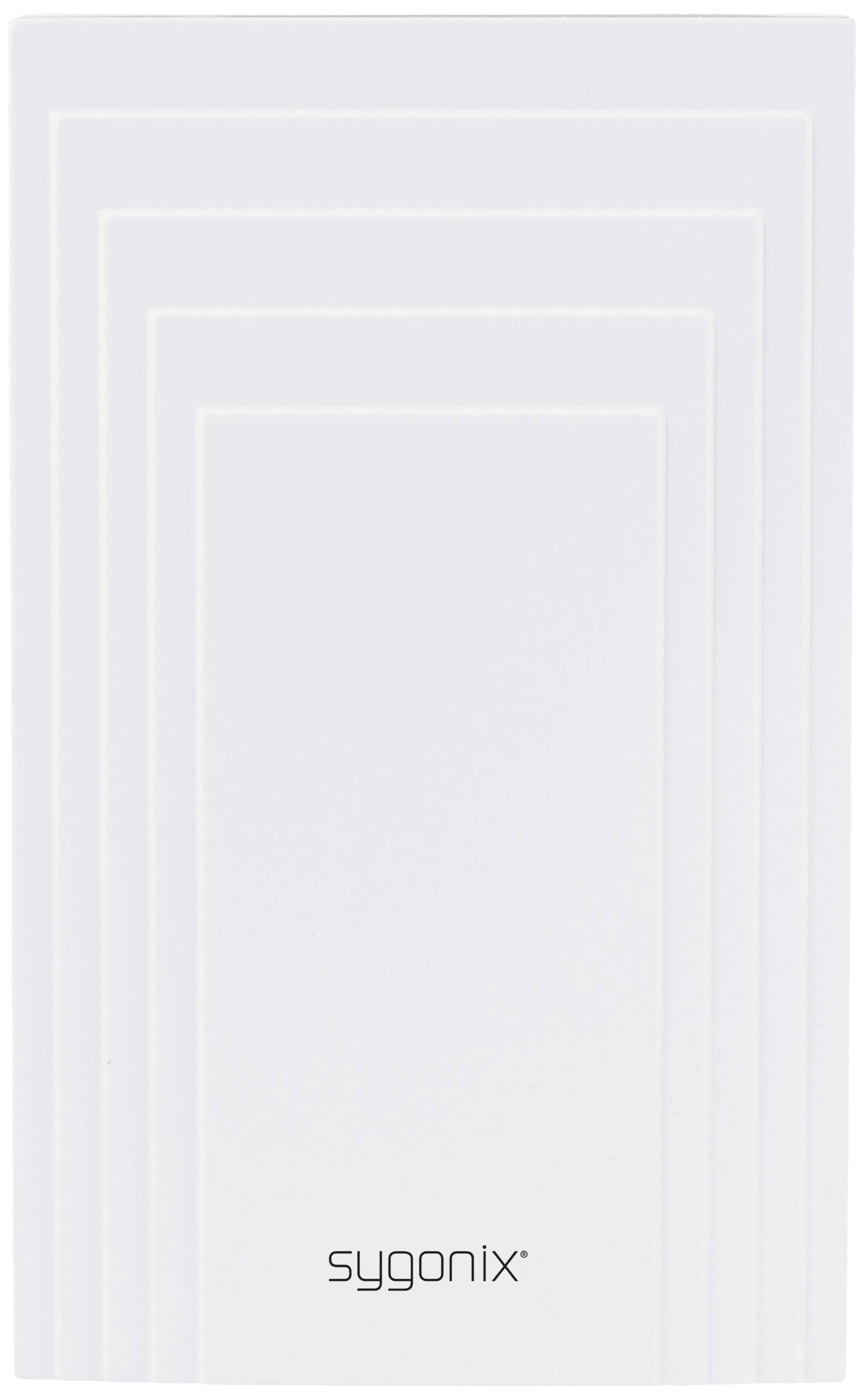 Obdĺžnikové biele zariadenie značky Sygonix s minimalistickými geometrickými líniami na povrchu.