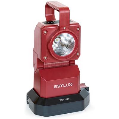 Červená, prenosná LED pracovná lampa s rukoväťou, s názvom značky 'ESYLUX' na základni, vhodná pre staveniskové osvetlenie.