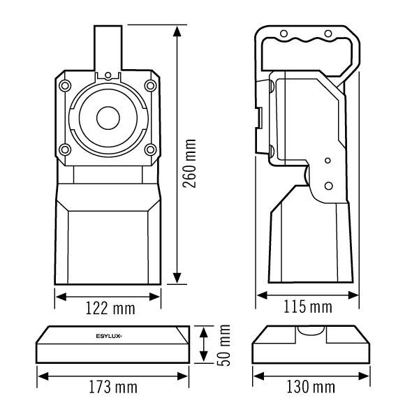 Nárysová kresba obdĺžnikového zariadenia s rozmermi. Pohľad spredu: 260 mm vysoký, 122 mm široký. Bočné pohľady: 115 mm hlboký, 173 mm a 130 mm široký.