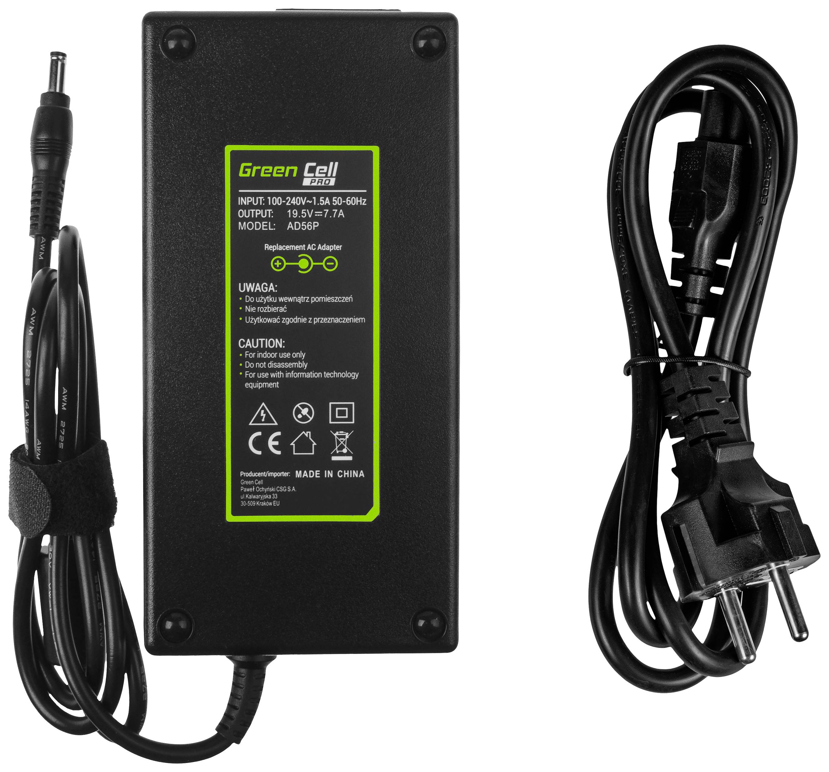 Nabíjačka s napájacím káblom, čierna škatuľa so zeleným textom zobrazuje špecifikácie: Vstup 100–240V, výstup 18,5V/7A, model AD49P.