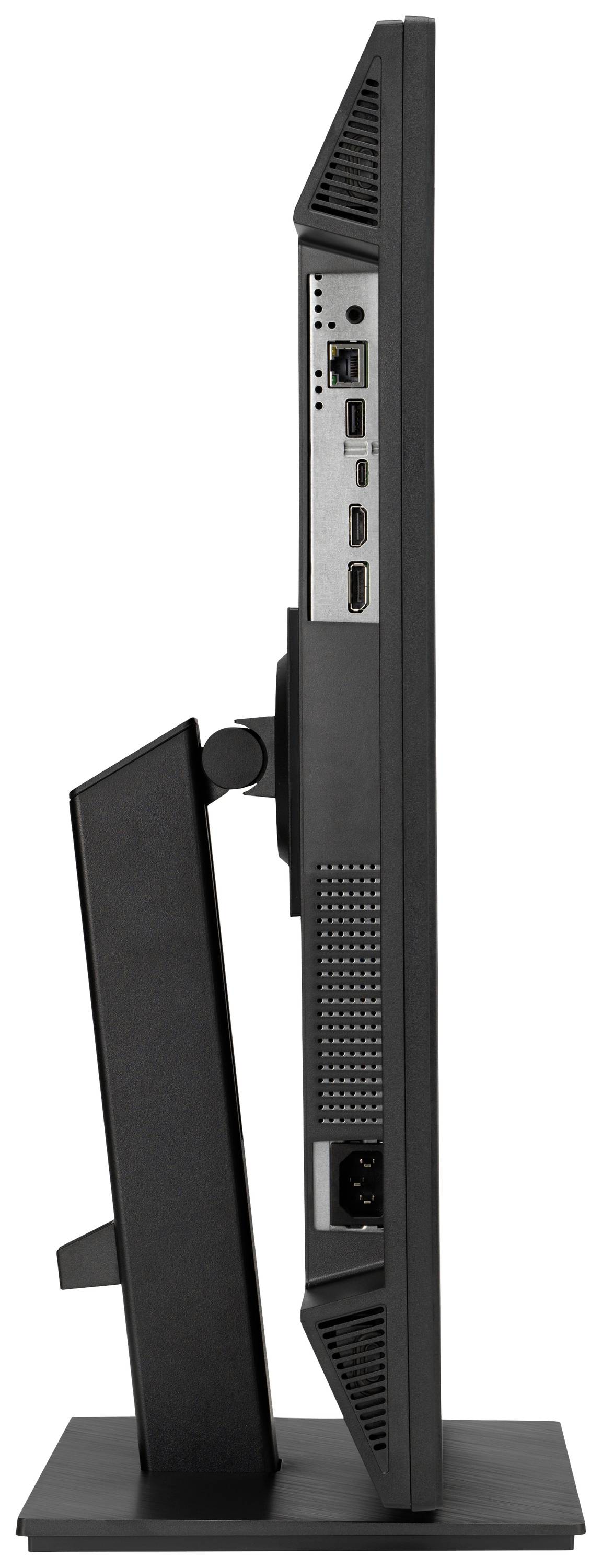 Monitor z bočného pohľadu ukazuje konektory ako USB a HDMI porty, vetracie otvory a stabilnú podstavcu.