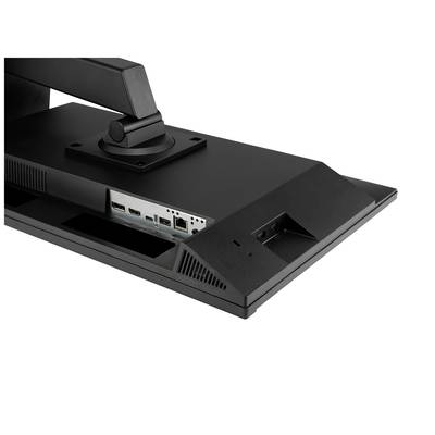 Čierny monitor pohľadom zozadu, zobrazujúci konektory ako HDMI, DisplayPort a Ethernet.