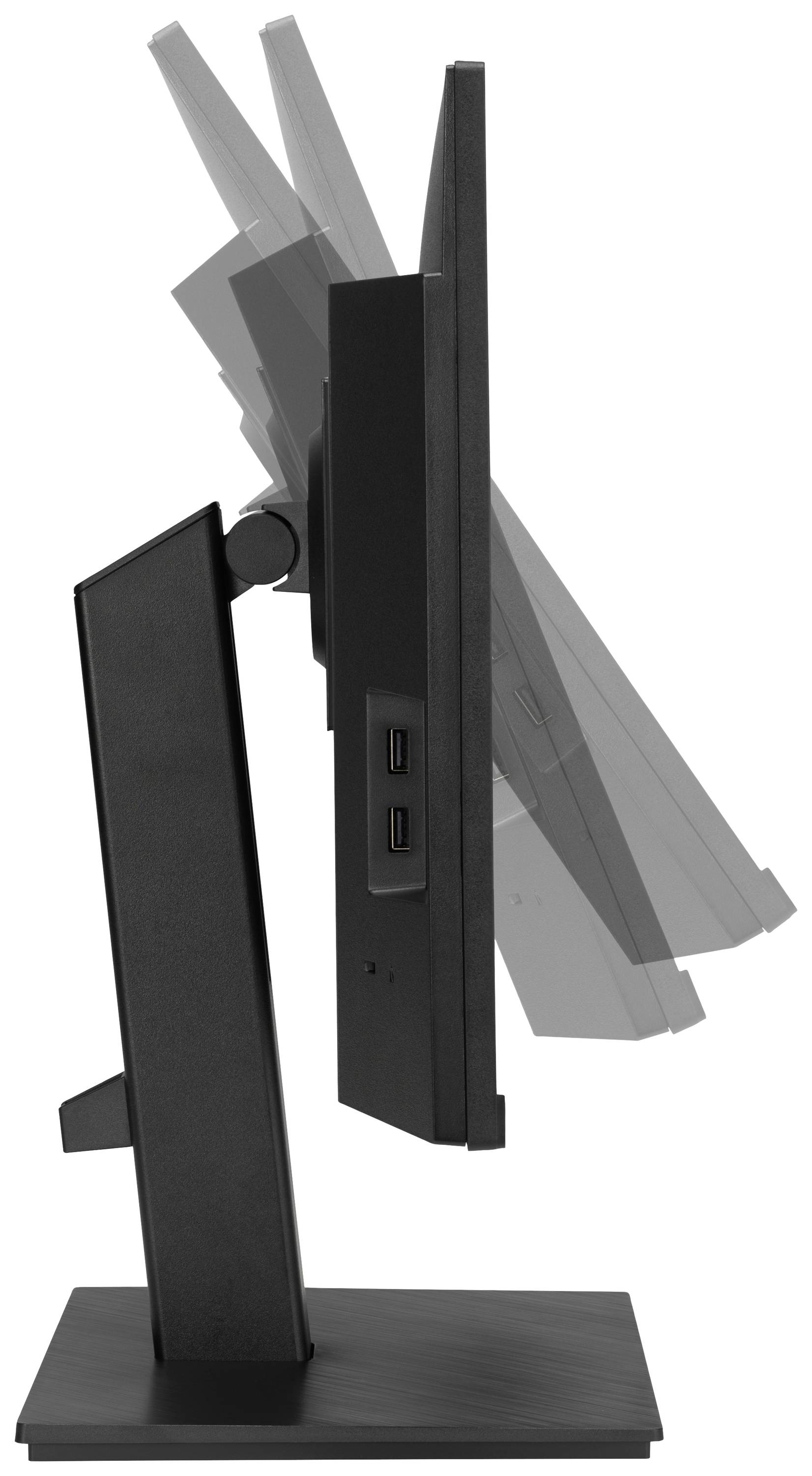 Čierny počítačový monitor s nastaviteľným stojanom, zobrazený z bočnej strany, ukazuje možnosti nastavenia uhla. Dva USB porty sú viditeľné.