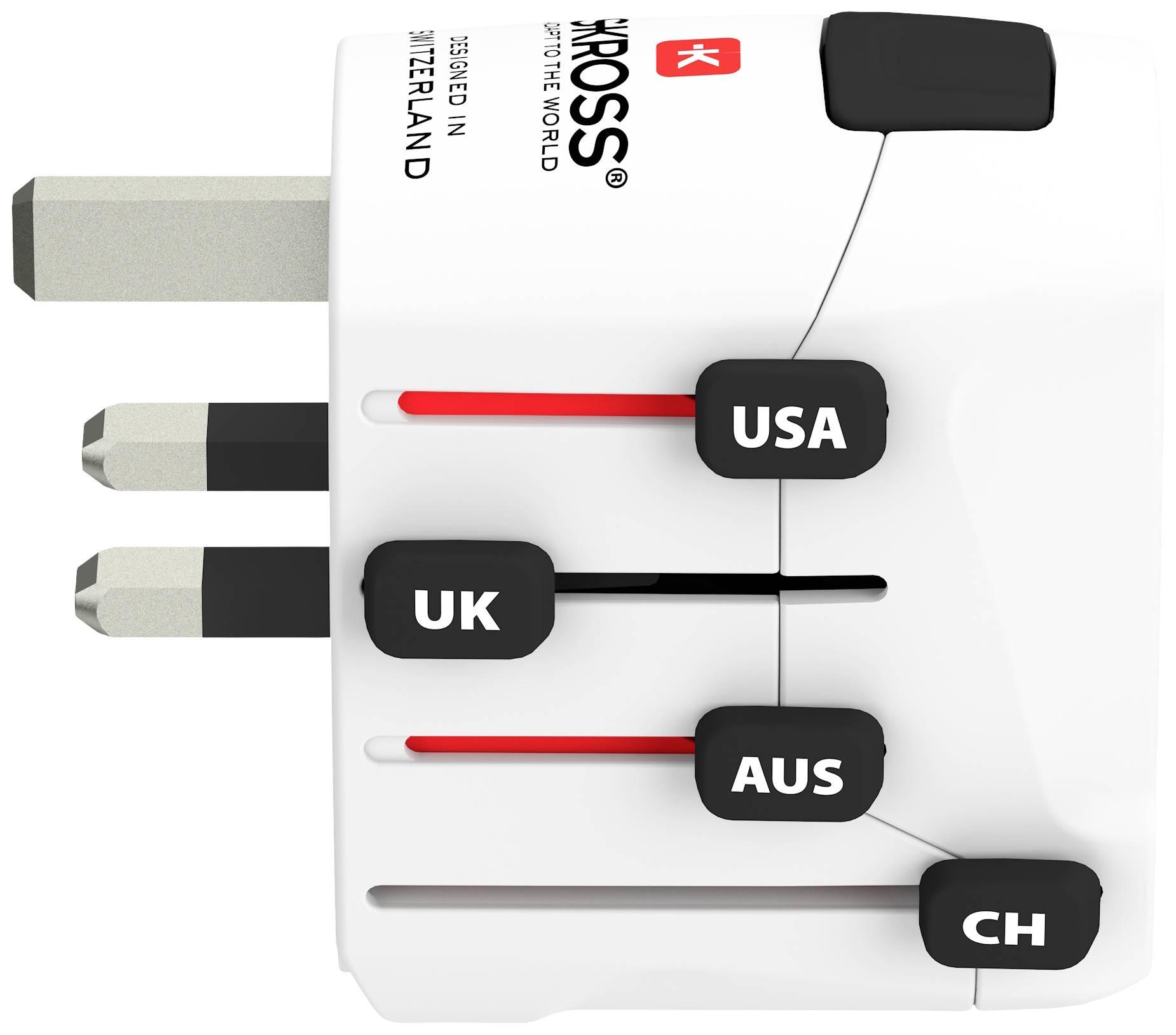 Biely cestovný adaptér s posuvnými zástrčkami pre UK, USA/AUS a CH, vhodný pre globálne elektrické pripojenia.