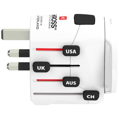 Univerzálny cestovný adaptér s nastaviteľnými zástrčkami pre Veľkú Britániu, USA, Austráliu a Švajčiarsko. Kompaktný a všestranný pre medzinárodné cesty.