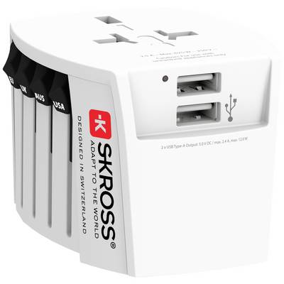 Univerzálny cestovný adaptér so vzorom SKROSS loga, USB výstupmi, prepínačom pre rôzne krajiny a textom 'ADAPT TO THE WORLD'. Vyvinutý vo Švajčiarsku.