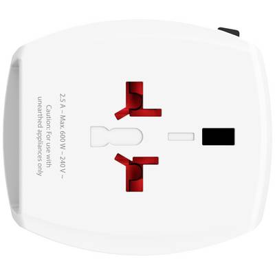 Biela adaptérová zásuvka s červeným spínačom, max. 600 W, 240 V, pre nezemnené zariadenia.