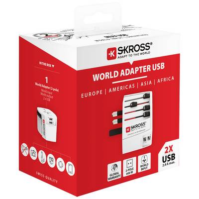 'SKROSS World Adapter USB': Svetový USB adaptér, kompatibilný v Európe, Amerike, Ázii, Afrike. Obsahuje 2 USB porty, max. 2,4 A.