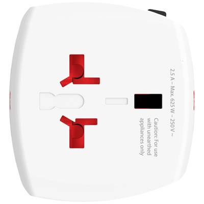 Biely cestovný adaptér s dvoma otvormi pre zásuvky a bezpečnostným spínačom. Nápis: 'Max 625W, 250V'. Vhodný pre univerzálne použitie.
