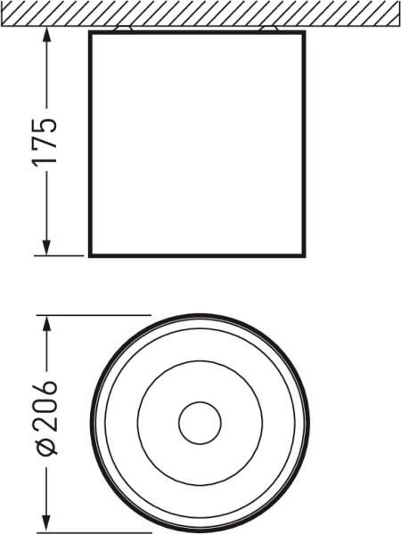 Technický výkres: Hore - štvorcová plocha, výška 175 mm. Dole - kruhová plocha, priemer 206 mm.