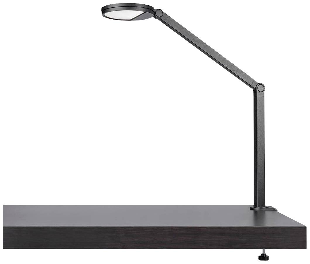 Čierna, moderná stolná lampa s nastaviteľným ramenom na hladkej tmavej pracovnej doske. Vhodná pre čítací alebo pracovný priestor.