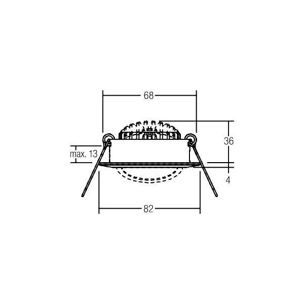 Technický výkres okrúhleho zapustného downlightu s rozmermi: šírka 68 mm, výška 36 mm, maximálna hĺbka 13 mm, celkový priemer 82 mm.