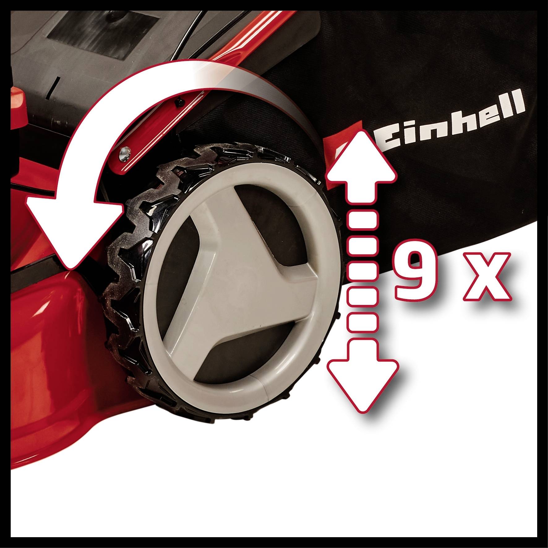 Obrázok ukazuje koleso kosačky s obojsmernou šípkou. Vedľa je napísané '9x', čo poukazuje na deväť nastavení výšky kosenia.