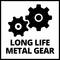 Dve ozubené kolesá s textom 'LONG LIFE METAL GEAR'. Symbolizuje vysoko odolné kovové prevody.