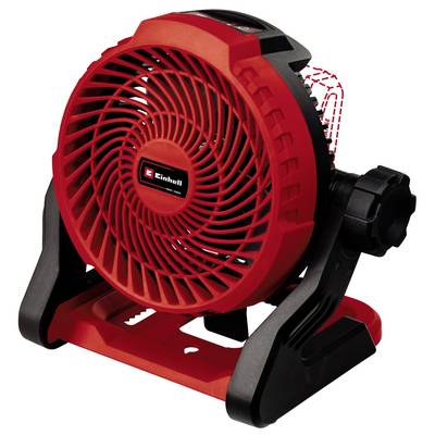 Červený prenosný ventilátor s čiernym rámom a rukoväťou na nastavenie smeru.