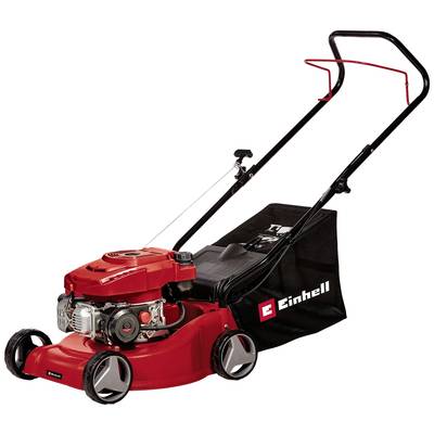 Červená kosačka s čiernym zberným košom a logom Einhell. Vhodná pre stredne veľké trávnaté plochy.