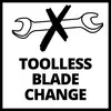 Skrížené francúzske kľúče s textom 'Toolless Blade Change' znamenajú, že výmena čepele je bezproblémová a nevyžaduje použitie akéhokoľvek nástroja.