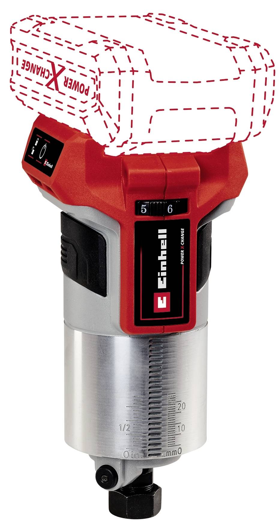 Bezdrôtový elektrický frézovací nástroj s červeným držadlom a naznačenou batériou. Zobrazuje meracie jednotky a logo Einhell.