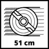 Guľovitý objekt s koncentrickými kruhmi a šrafovanými líniami, text '51 cm' pod ním. Diagram na znázornenie alebo uvedenie veľkosti.