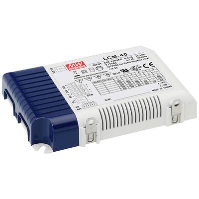 LED driver s modelovým číslom LCM-40. Technické údaje ako vstupné napätie, prúd a certifikácie sú viditeľné.