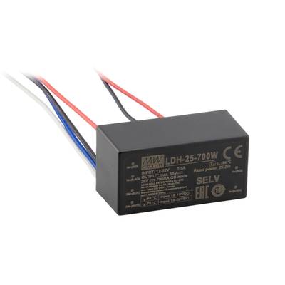 Malý, obdĺžnikový, čierny LED napájací zdroj s viacerými farebnými vodičmi. Nápis na kryte zobrazuje technické špecifikácie.